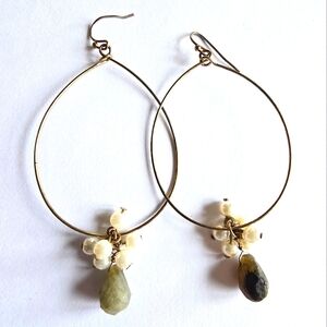 Gold tone earrings white pearls yellow green faceted stone briolettes wire oval